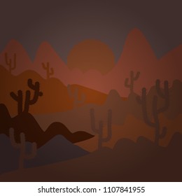 Illustration on brown colors. Vector cartoon desert with road, cactuses and rock mountains. Composition. Desert texas landscape.
