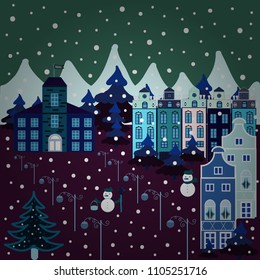 Illustration on brown, green and blue colors. Vector illustration. Vector cartoon drawing of Christmas suburban houses with making a snowman.