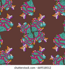 Illustration. On colored background with flowers. Fish seamless pattern for fabric textile design, pillows, wallpapers, cloth, bags, scrapbook paper.