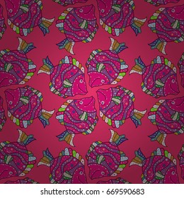 Illustration. On colored background with flowers. Fish seamless pattern for fabric textile design, pillows, wallpapers, cloth, bags, scrapbook paper.