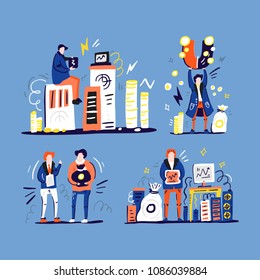 Illustration über Kryptowährung - man Bergbaubitzen, zwei Leute beraten über Finanzen.