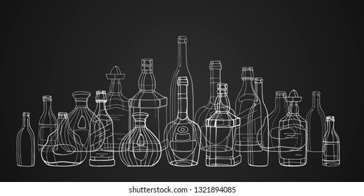 Illustration on a dark background for bars and restaurants. Cognac, rum, tequila, wine, whiskey, vodka, beer. Hand-drawn, outline.
