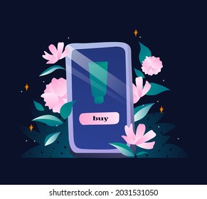 Illustration on a dark background. A smartphone with an online beauty and cosmetics store. The "Buy" button. Leaves and flowers are everywhere around. Gradient and color transitions. Bright light.