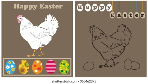 Illustration on a dark background white chicken and easter eggs