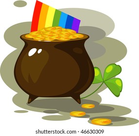 Illustration on the day of St. Patrick: pot of coins, a rainbow and clover.
