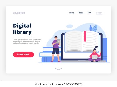 Illustration on Digital library theme. Landing page template with people reading e-books and learning on a laptop or a tablet. Vector illustration in flat style.