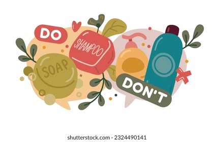 An illustration on the environmental theme of do and do not do, a comparison of toiletries, shampoo and soap in LDPE packaging and solid packaging.