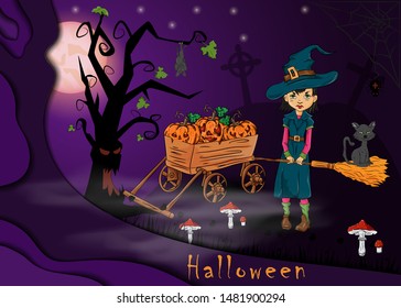 illustration on the eve of all Saints Day, Halloween, a little witch with a broom standing at the cart vector EPS 10
