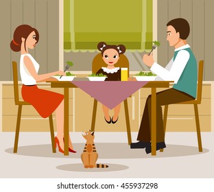 La ilustración de un tema familiar. Madre, padre e hija cenando en la cocina.