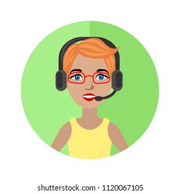 Illustration on a green background. Red-haired girl in red glasses and headphones. Dispatcher, support service