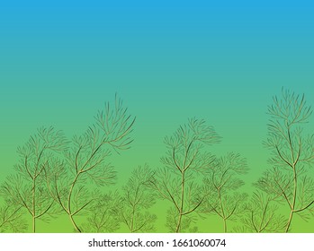 Illustration on green dill backdrop. Food background. Organic dill icon. Fresh green grass. Herbal spice sketch.