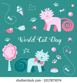 An illustration on a holiday theme, National Cat Day. Funny drawing in children's, cartoonish style. Cats, around them are ice cream, tree, star, ball, mouse. An inscription with a congratulation.