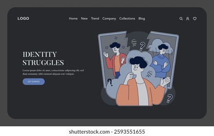 Illustration on identity struggles showcases the internal conflict and questions faced by individuals. It reflects emotional turmoil and exploration of personal identity. Vector illustration.