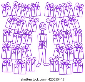 The illustration on the leaflet: A boy on a holiday surrounded by a mountain of gifts, holding a gift. Hand-drawn felt-tip pen, pencil.