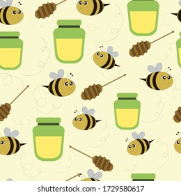 Illustration on a light background with bees, a pot of honey and a spoon for honey