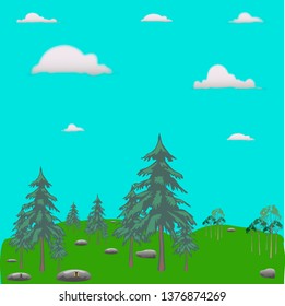 illustration on light blue background green plants white clouds brown abstract shapes vector graphics