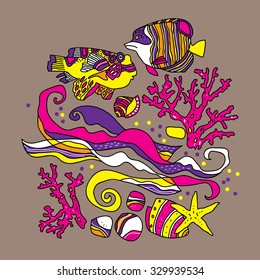 illustration on the marine theme, fish, shells, coral and colorful.