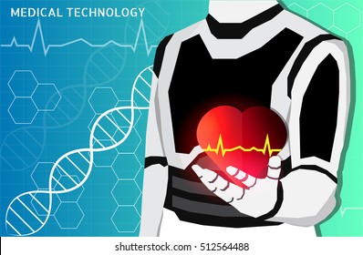 Illustration on medical technology. Vector cyborg holding a heart. Robotic in medicine. The pulsating heart. Cyber Monday
