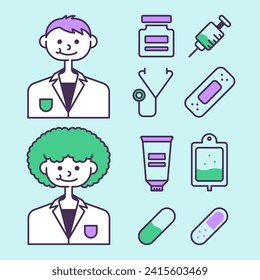 Illustration on a medical theme on a blue background. Vector set of elements of medical supplies and two characters of medical workers. Doctors image in flat style.