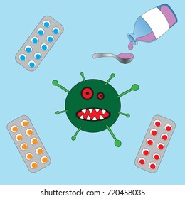 An illustration on a medical theme. Confrontation of drugs and microbes.