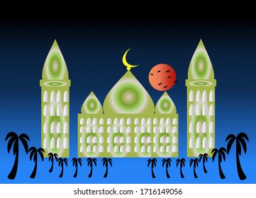 Illustration on Mosque with full moon and birds.