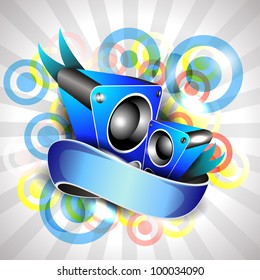 Illustration on a musical theme colorful abstract on rays background  with speaker and ribbon.EPS 10, can be use as banner, flyer or poster for disco party and other events.