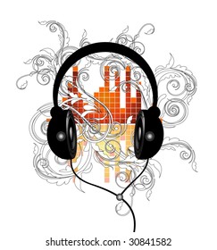 Illustration on a musical theme with ear-flaps and floral background