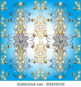 Illustration on neutral, blue and white colors. Vector illustration. Colorful oriental with a classic traditional flower motif and geometric ornament. Seamless. Patterned carpet with a border frame.