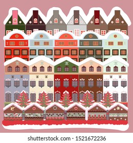 Illustration on neutral, gray and white colors. Vector illustration. Vector cartoon drawing of Christmas suburban houses with making a snowman.