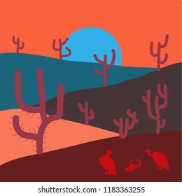 Illustration on orange, red and blue colors. Vector. Scene for your design. Soft nature landscape with orange, red and blue sky, desert, volcanoes or mountains. In simple minimalistic flat style.