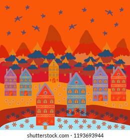 Illustration on orange, red and blue colors. Vector illustration. Vector cartoon drawing of Christmas suburban houses with making a snowman.