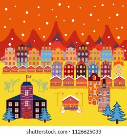Illustration on orange, yellow and red colors. Vector illustration. Vector cartoon drawing of Christmas suburban houses with making a snowman.