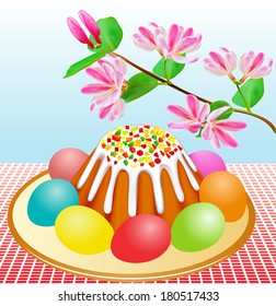 the illustration on the Passover with Easter cakes and eggs and cherry branch