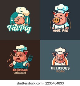 illustration on Pig chef logo mascot for pork grill bbq restaurant branding concept