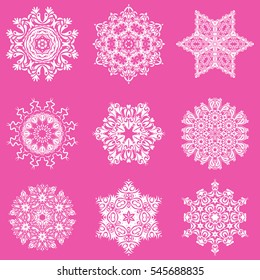 Illustration on a pink background. Simple snowflakes set, floral elements, decorative ornament. Vector illustration. Arab, Asian, ottoman motifs.