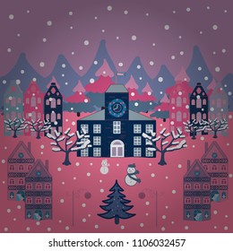 Illustration on pink, neutral and blue colors. Vector illustration. Colourful houses on fancy landscape.