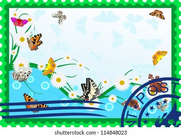 The illustration on a postage stamp. Butterflies and wildflowers.