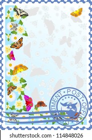 The illustration on a postage stamp. Butterflies and wildflowers.