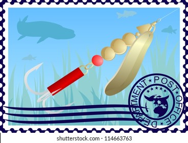 The illustration on a postage stamp. Fishing tackle. Lure fishing for pike.