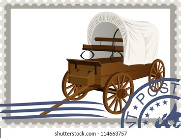 The illustration on a postage stamp. An old covered wagon