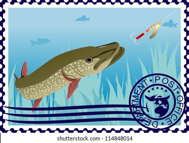 The illustration on a postage stamp. Pike in their natural habitat. Fishing for pike on the lure.