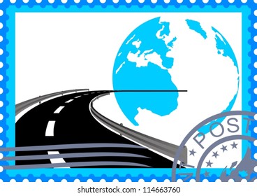 The illustration on a postage stamp. Traffic leaving a turn away against the backdrop of the Earth