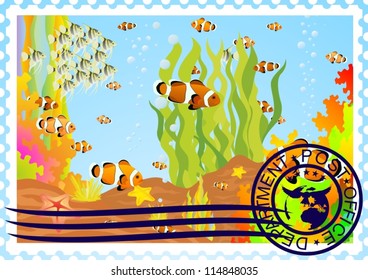 The illustration on a postage stamp. The underwater world.
