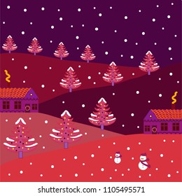 Illustration on purple, orange and red colors. Vector illustration. Pattern houses.