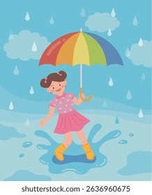 Illustration on a rainy day with a girl playing with water while wearing a rainbow umbrella