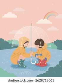 Illustration on a rainy day with two girls wearing yellow raincoats and holding umbrellas together
