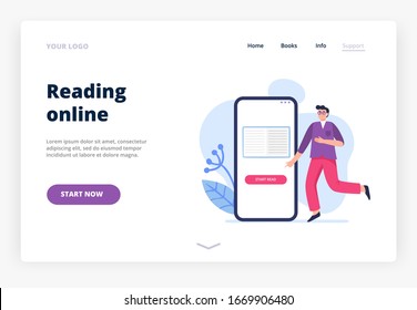 Illustration on Reading online theme. A man studying and reading e-book on his phone. Vector illustration in flat style can be used by libraries, apps, landing pages, stores, schools or e-commerce.
