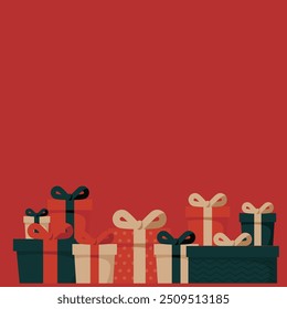 Illustration on a red background with lots of gifts.