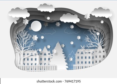 Illustration  on the sky coming to City. Merry Christmas and Happy New Year 2021 background.  Paper art and craft style
