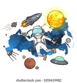 The illustration on the space theme. Astronaut on the background of the map of Russia. Set of space elements.  